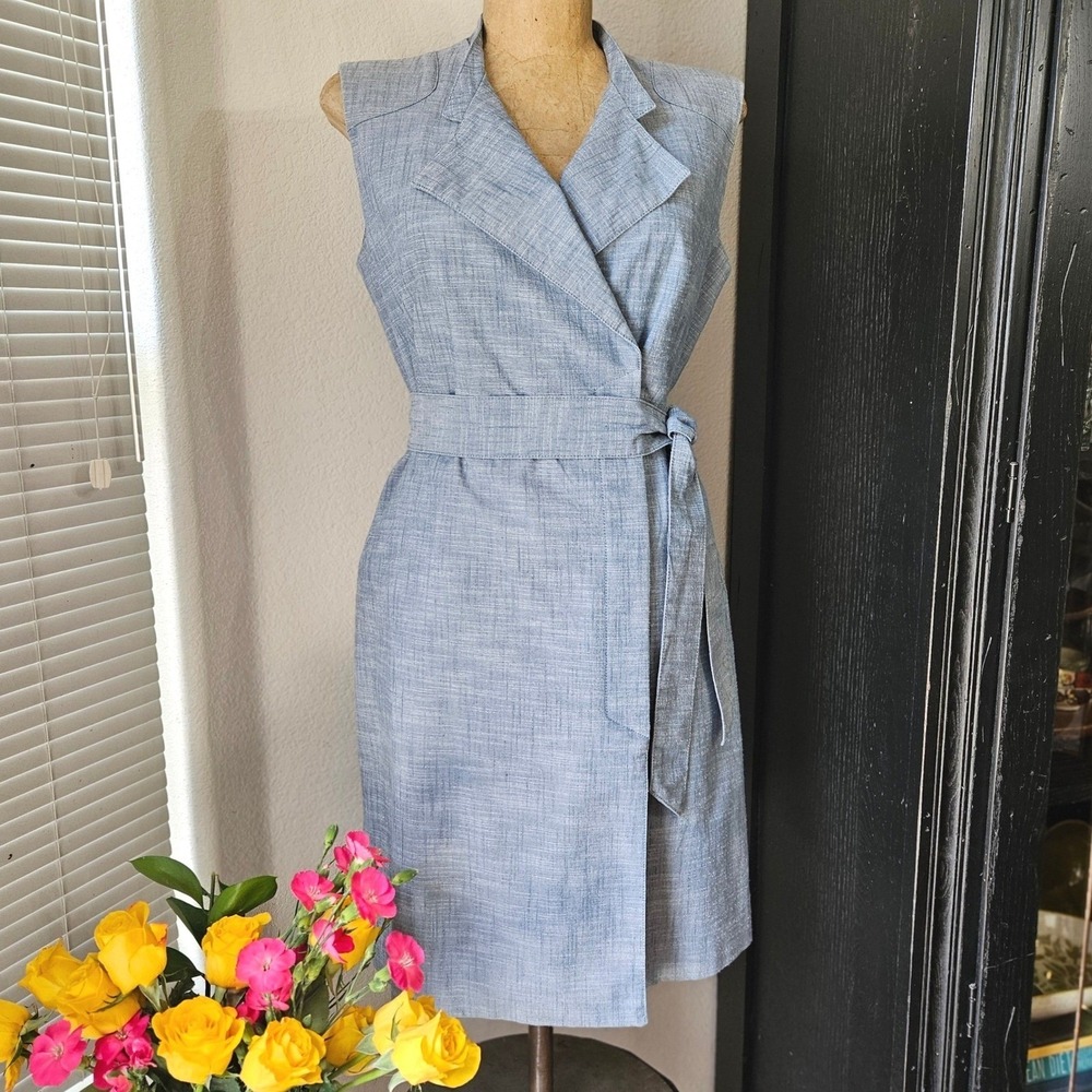 Sharagano Blue Sleeveless Wrap Dress Notch Lapel Tie Waist Women's 6